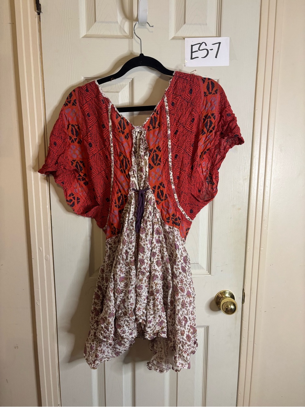 Free people  Red and Cream Mixed-Print Mini Dress - Picture 3 of 3